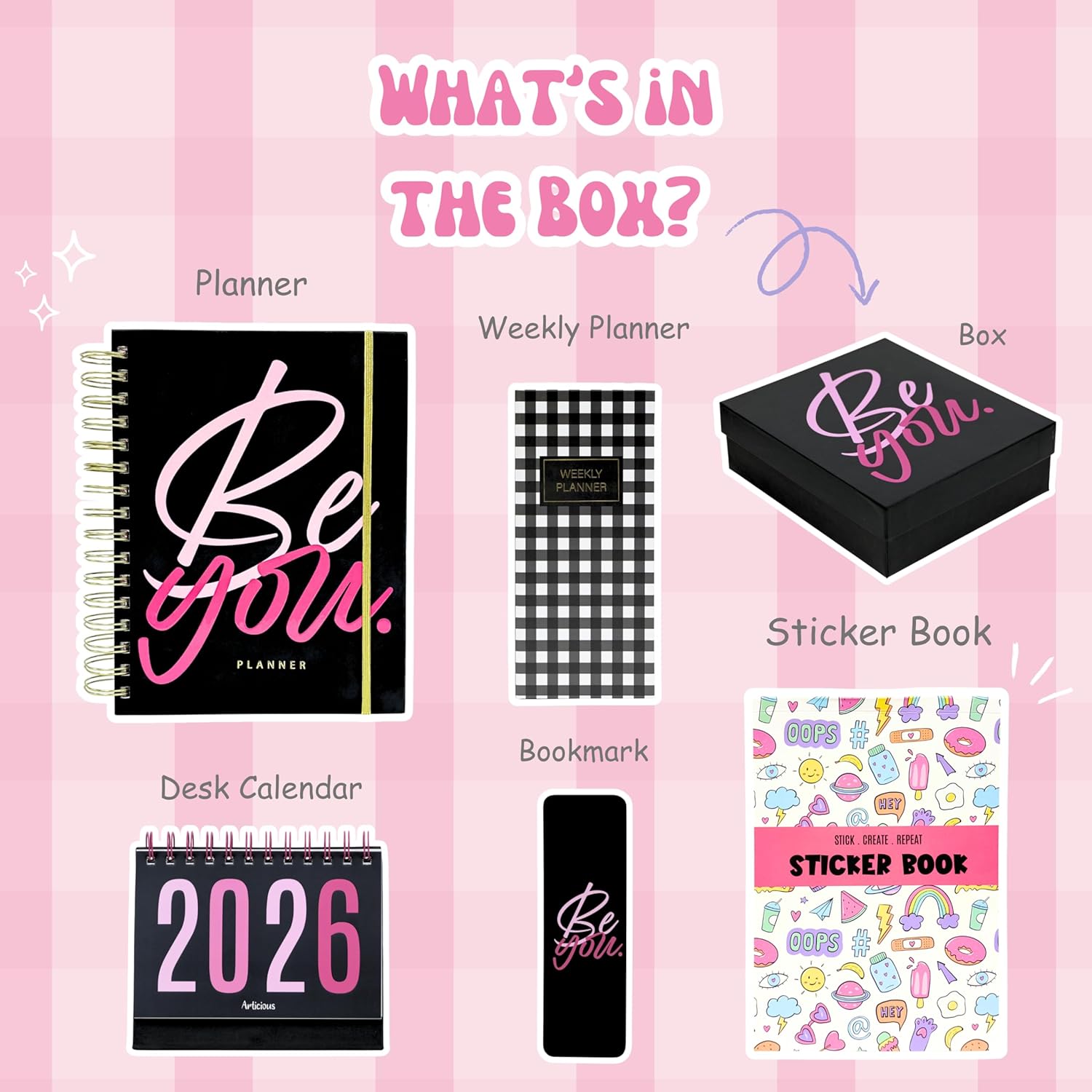 Product set with planner, weekly planner, box, desk calendar, bookmark, and sticker book on a pink background.
