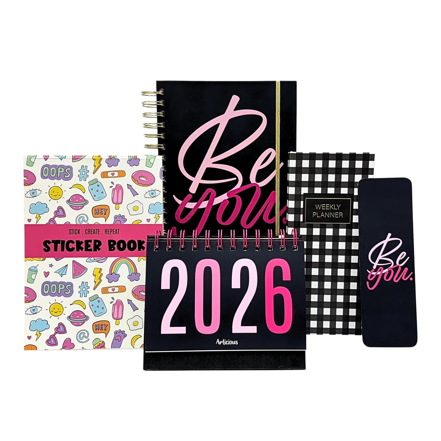 Collection of planners and a sticker book with 'Be You' and '2026' design on a white background.