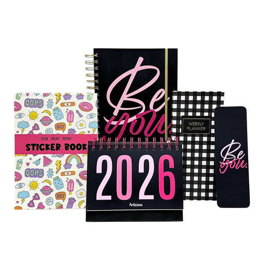 Collection of planners and a sticker book with 'Be You' and '2026' design on a white background.