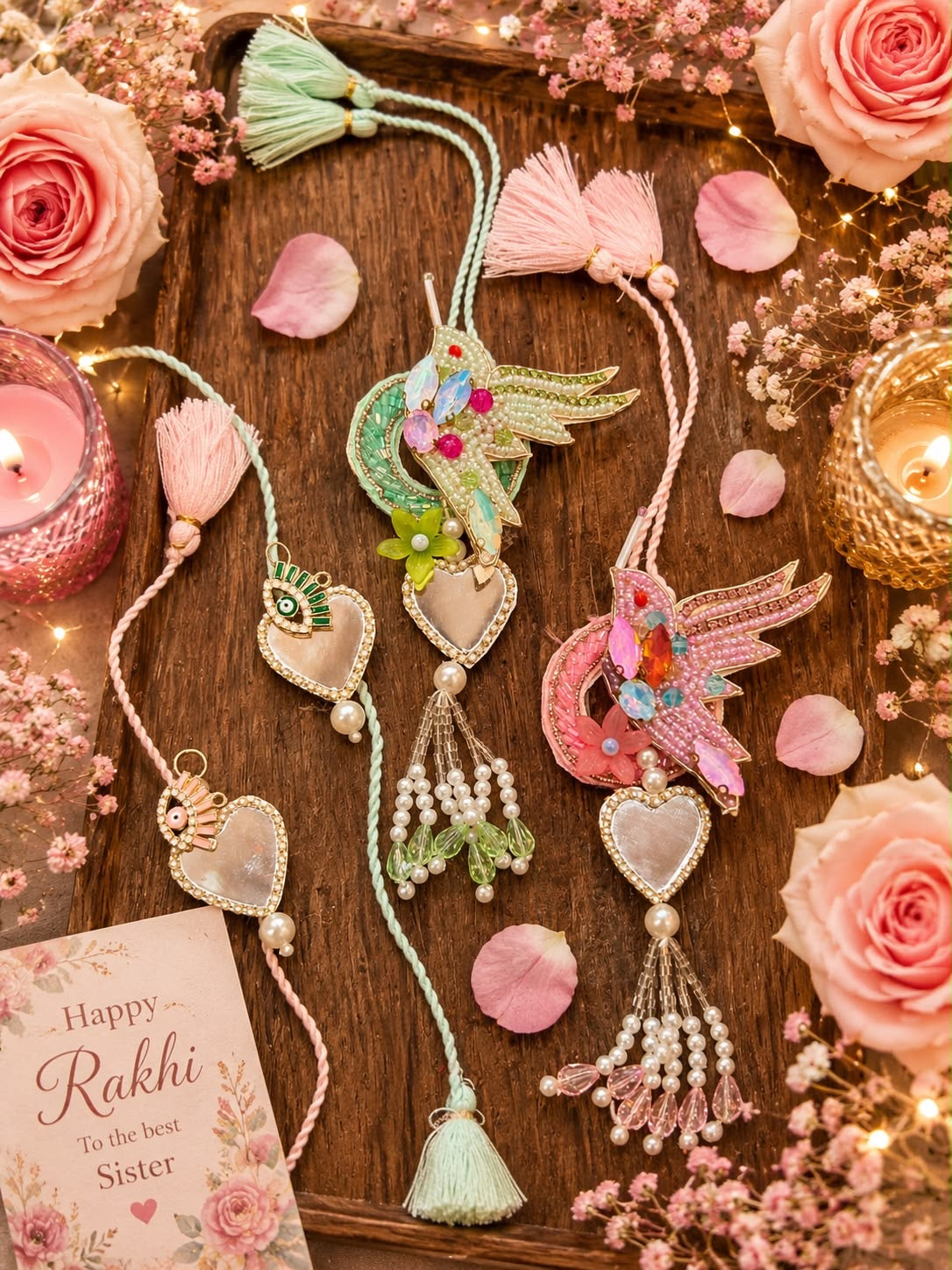 Two decorative Rakhi threads laid out on a wooden tray with pink roses, petals, candles, and a small card reading 'Happy Rakhi to the best Sister.' The product appears to be embroidered Rakhi threads with tassel ends, heart-shaped mother-of-pearl pendants, bead strands, and bird motifs in pastel green, pink, and multicolor accents.