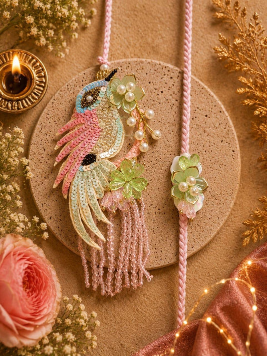 Bird Paradise Pastel Rakhi Lumba Set for Bhai Bhabhi | Premium Designer Bird Rakhi with Pearl & Crystal Detailing