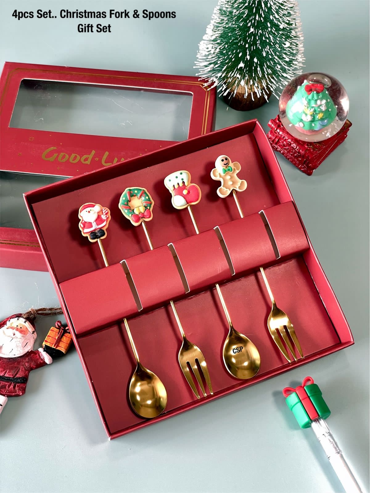 Christmas Special Stainless Steel Spoon & Fork Set in Elegant Gift Box (Set of 4)
