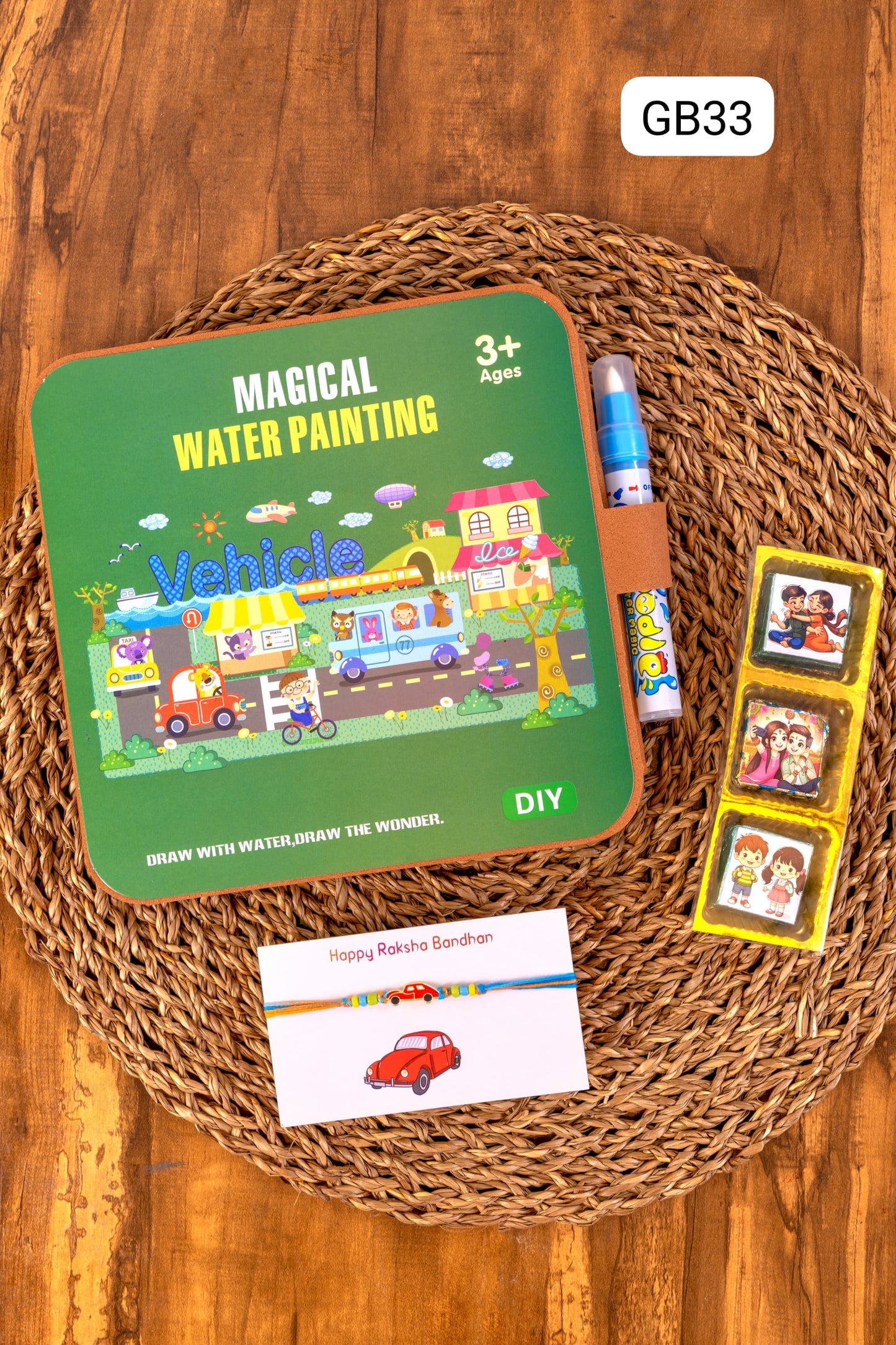 GB 33- GB 36 🎨 Raksha Bandhan Magical Water Painting Gift Set – Rakhi, Chocolates & Activity Book (Age 3+)