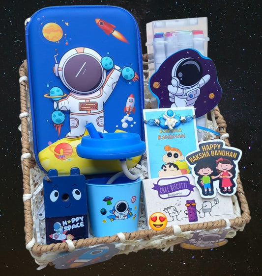 Space Theme Rakhi Hamper for Kids – Astronaut Rakhi, Smiggle Stationery, Lamp & Biscotti in Decorated Tray