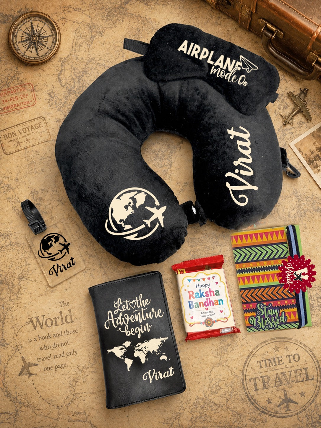 SHM- 028 Personalized Travel Gift Combo with Designer Rakhi | Neck Pillow, Passport Cover & Travel Essentials | Raksha Bandhan 2026