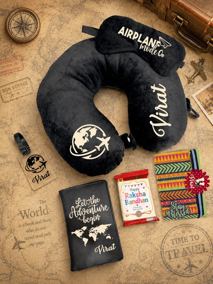 SHM- 028 Personalized Travel Gift Combo with Designer Rakhi | Neck Pillow, Passport Cover & Travel Essentials | Raksha Bandhan 2026