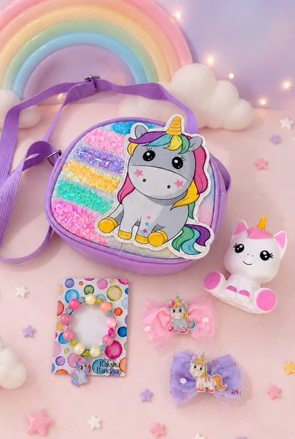 SKH- 01 Unicorn Rakhi Gift Hamper for Girls | Unicorn Sling Bag, Rakhi Bracelet, LED Lamp & Hair Accessories | Kids Rakhi Gift Combo 2026