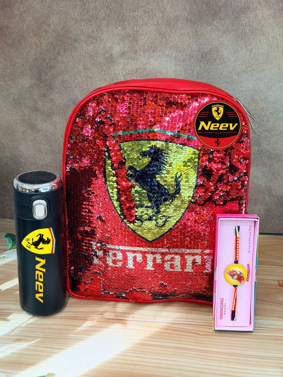 SHM- 025 Limited Edition Personalized Sequin Backpack Hamper | Custom Kids Gift with Spinner Rakhi | Raksha Bandhan 2026