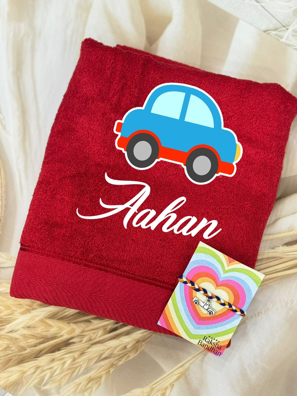 SHM- 024 Personalized Cotton Towel with Matching Charm Rakhi | Custom Name Gift Combo | Raksha Bandhan 2026