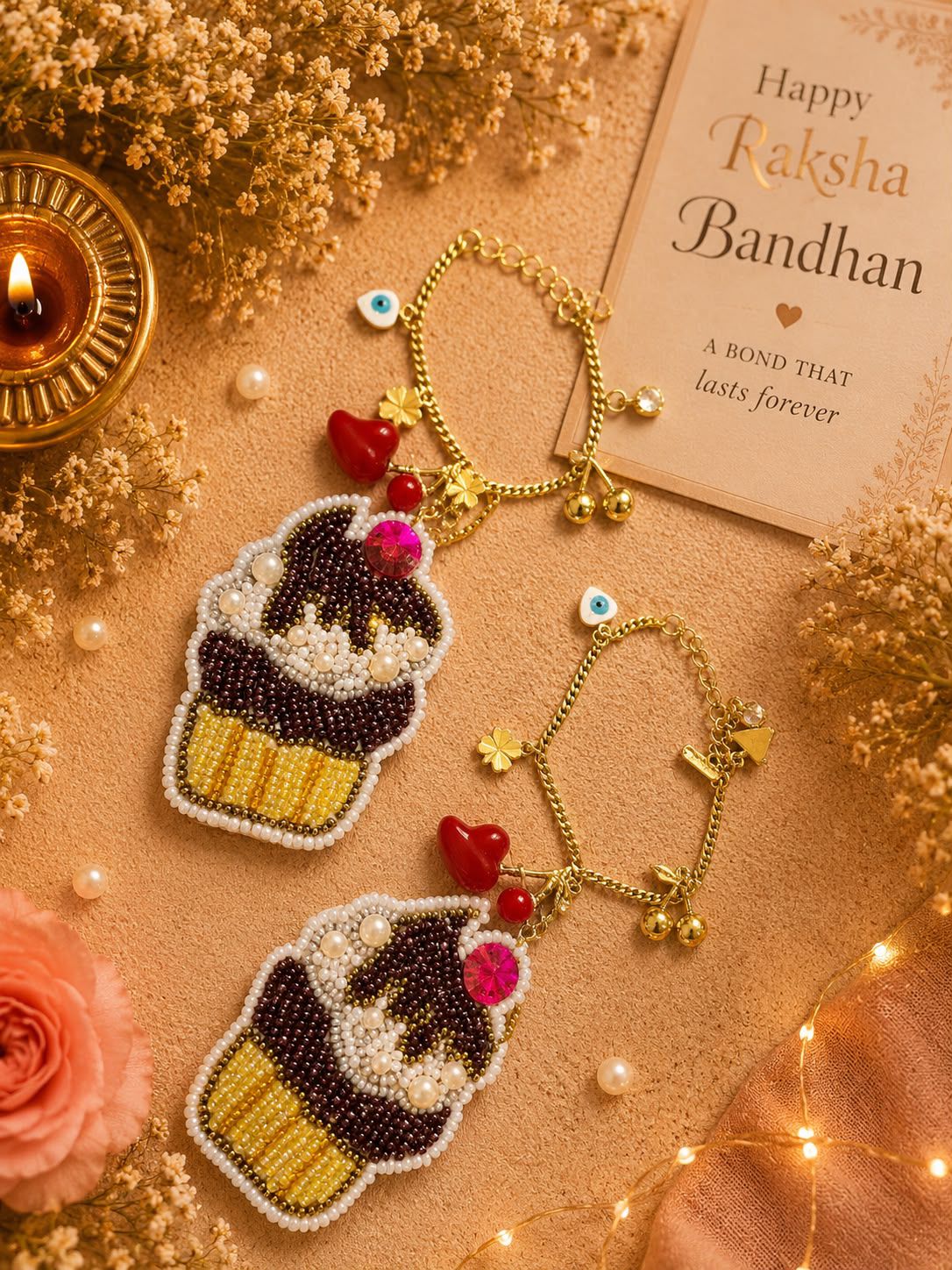 Two gold beaded jewelry pieces with cupcake charms are arranged on a warm beige surface with dried flowers, a lit candle, pearls, and a card reading 'Happy Fakha Bandhan'.