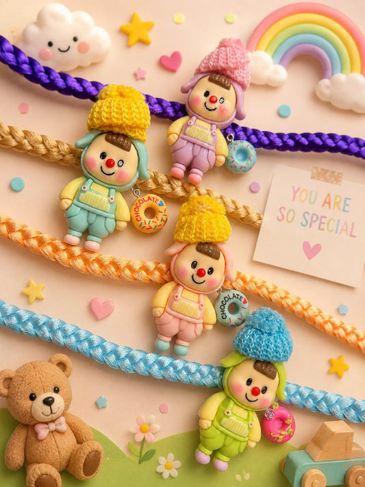Four colorful braided cord bracelets arranged on a pastel background with cute clay-like character charms, stars, hearts, a rainbow, a teddy bear, and a small card that reads 'YOU ARE SO SPECIAL'.