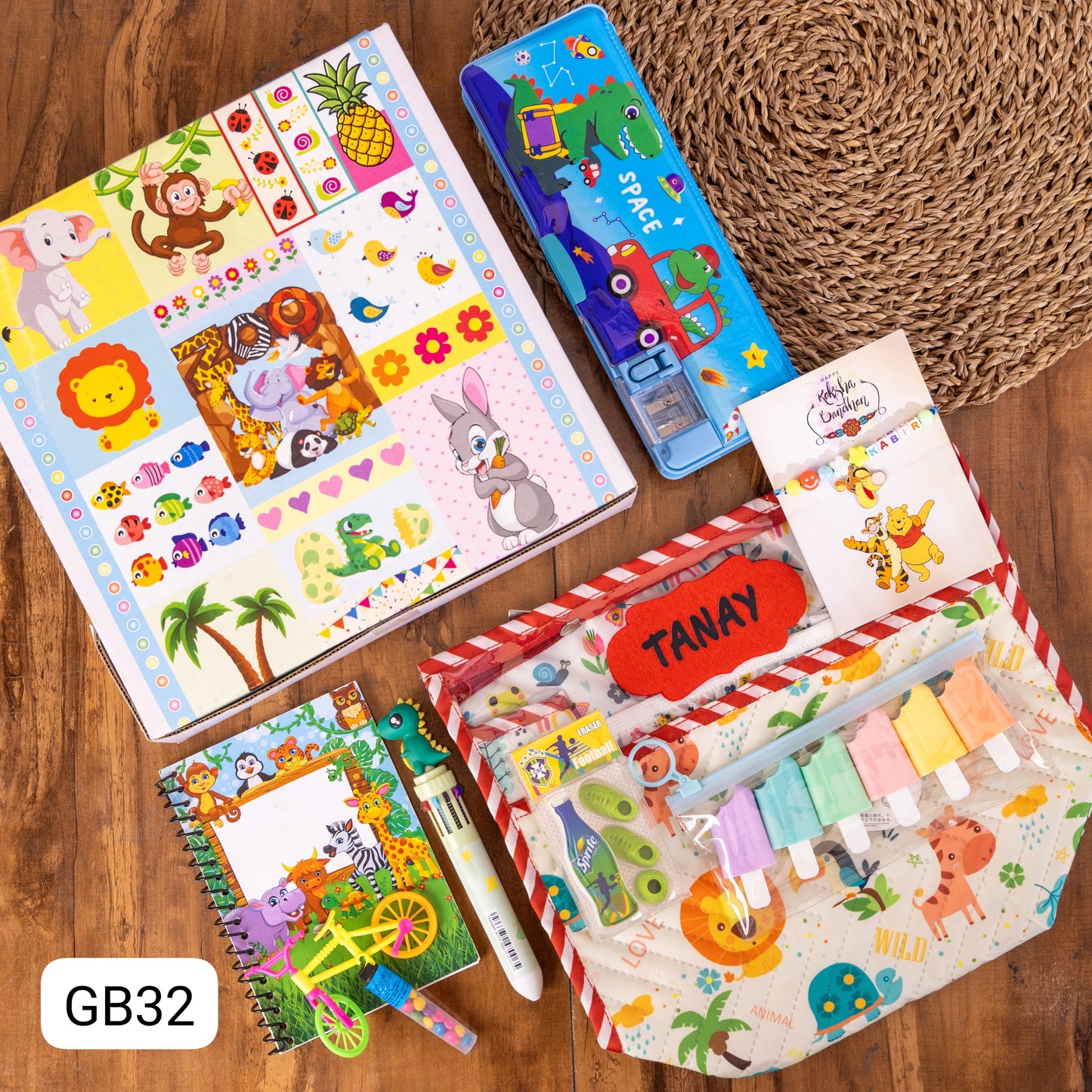 GB 28-32 Personalised Kids Rakhi Theme Box Hamper with Pouch, Diary, Rakhi & Stationery | Return Gift for Boys & Girls