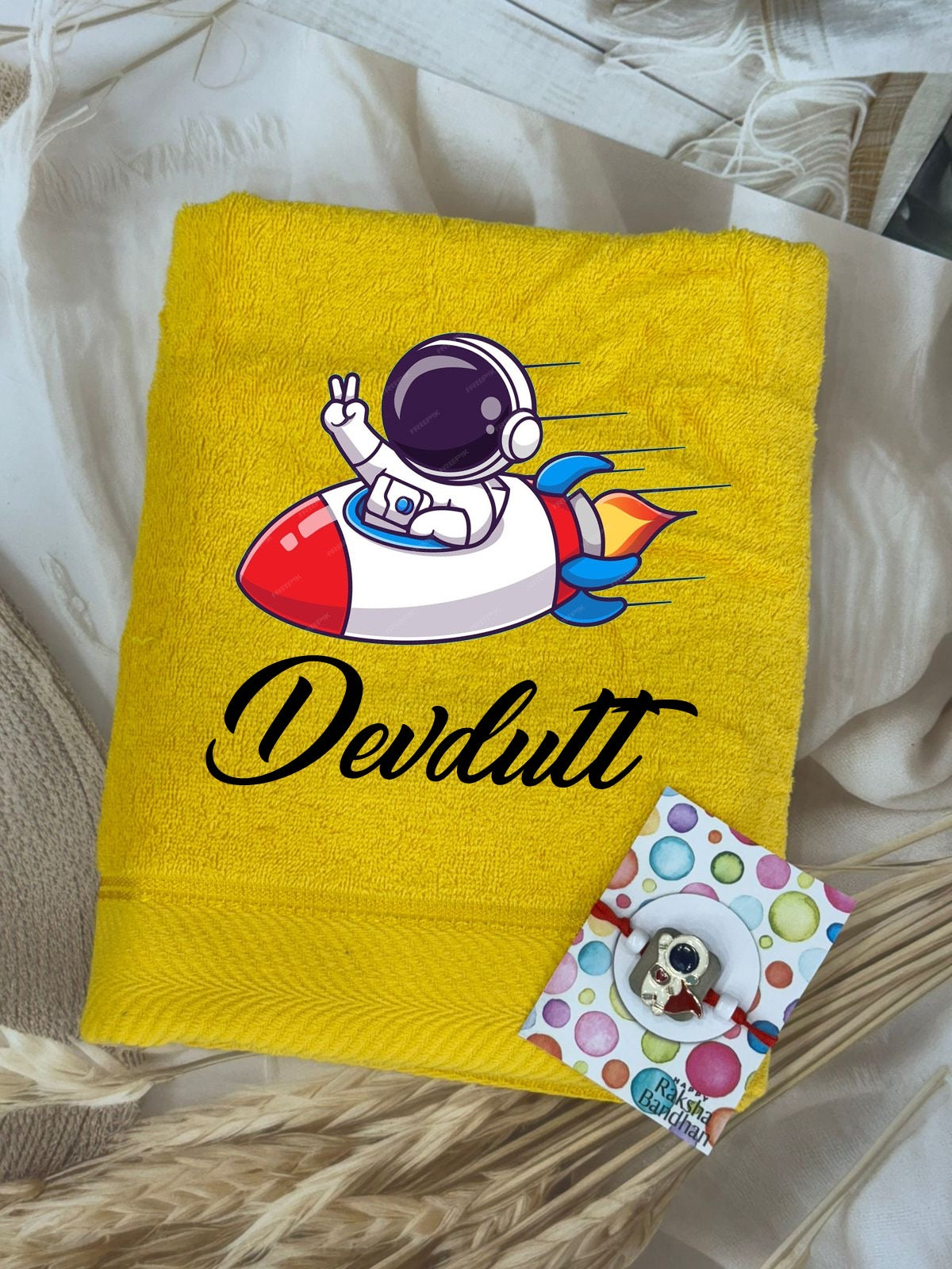 SHM- 024 Personalized Cotton Towel with Matching Charm Rakhi | Custom Name Gift Combo | Raksha Bandhan 2026