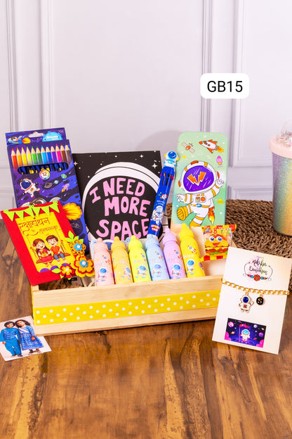 GB 13-16 Personalised Kids Theme Hampers with Diary, Stationery & Rakhi – Unicorn, Superhero, Mermaid, Space