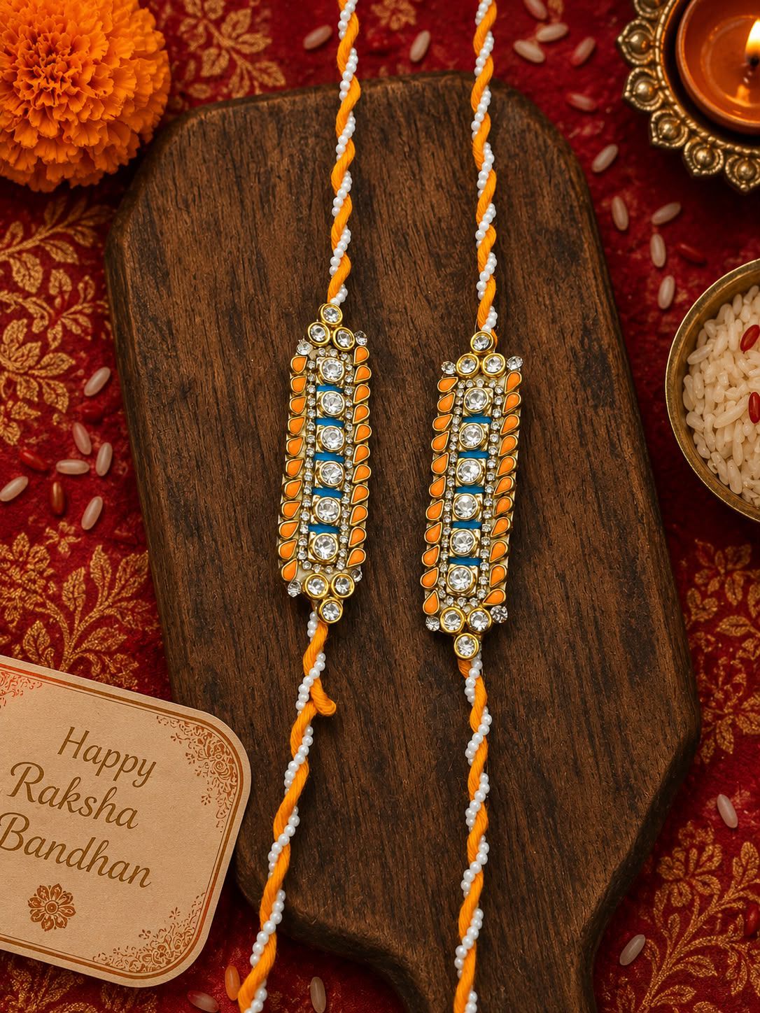 Two ornate Rakhi braided with orange and white threads, decorated with gold-toned metal, blue stones, and clear crystals, displayed on a dark wooden board with festive props including a marigold flower, diya, and a card reading 'Happy Raksha Bandhan'.