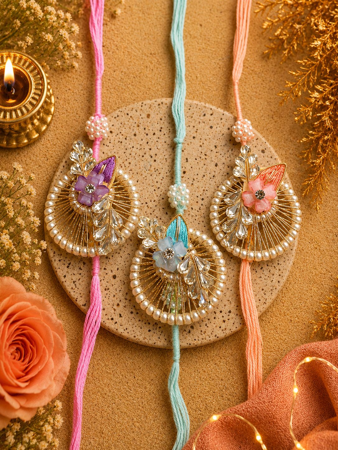 Designer Pastel Pearl Bhai Rakhi with Crystal Floral Detailing