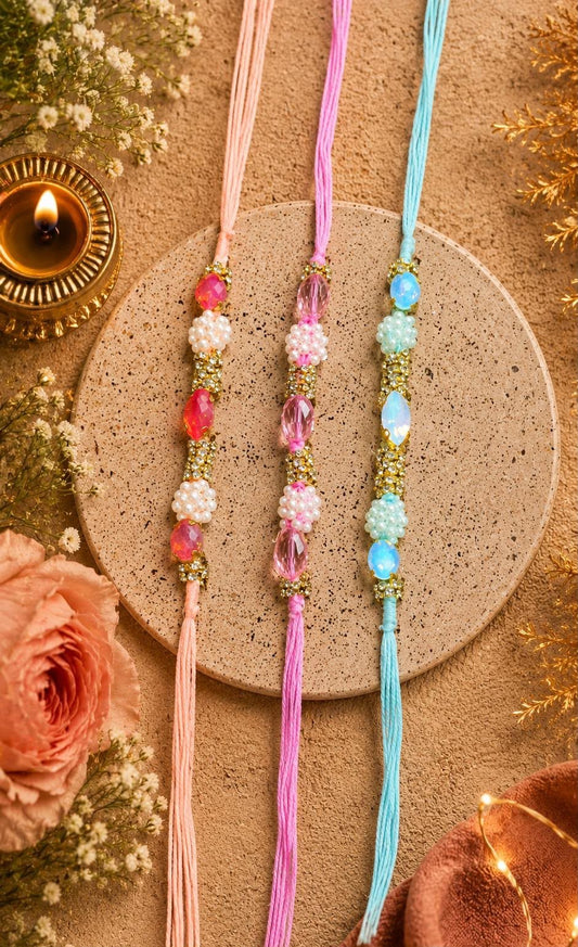 Designer Pastel Rakhi for Brother | Premium Crystal & Pearl Handmade Rakhi | Pastel Rakhi Available in 3 Colours