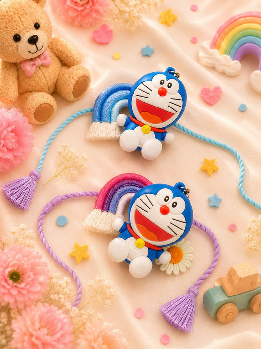 Two Doraemon-themed hair clips styled in a cute, pastel flat-lay setting with a teddy bear, flowers, stars, and a small toy car on a soft pink fabric background.