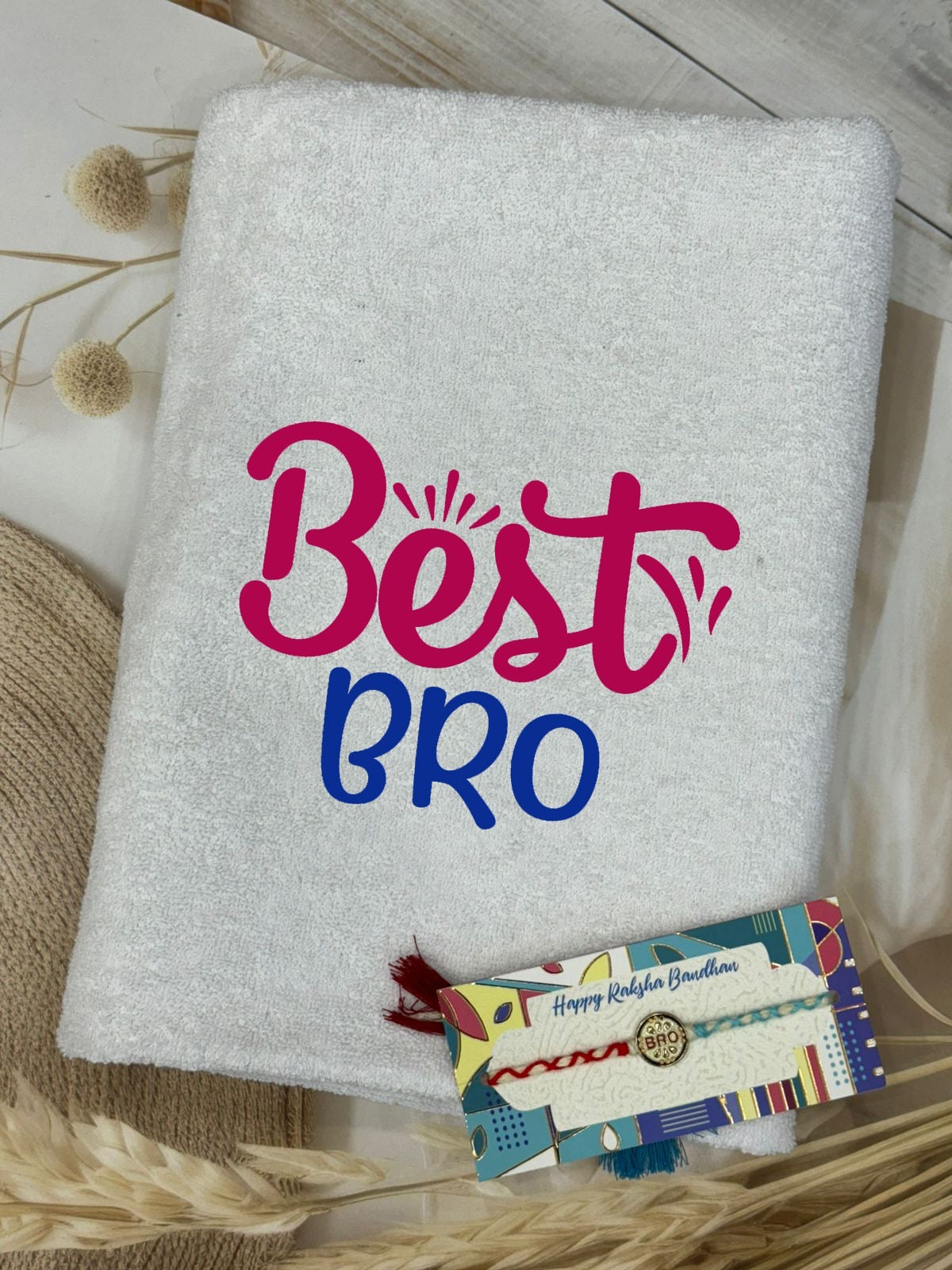 SHM- 024 Personalized Cotton Towel with Matching Charm Rakhi | Custom Name Gift Combo | Raksha Bandhan 2026