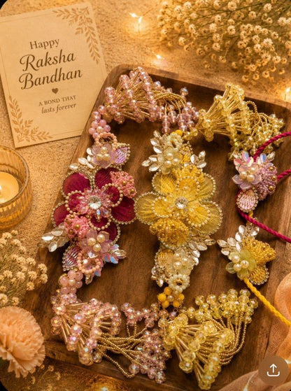 NB- 32 Luxury Reusable Bracelet Rakhi Set for Bhai Bhabhi | Premium Designer Bracelet Lumba with Crystal Floral Detailing
