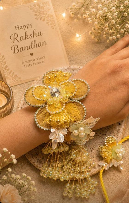 NB- 32 Luxury Reusable Bracelet Rakhi Set for Bhai Bhabhi | Premium Designer Bracelet Lumba with Crystal Floral Detailing