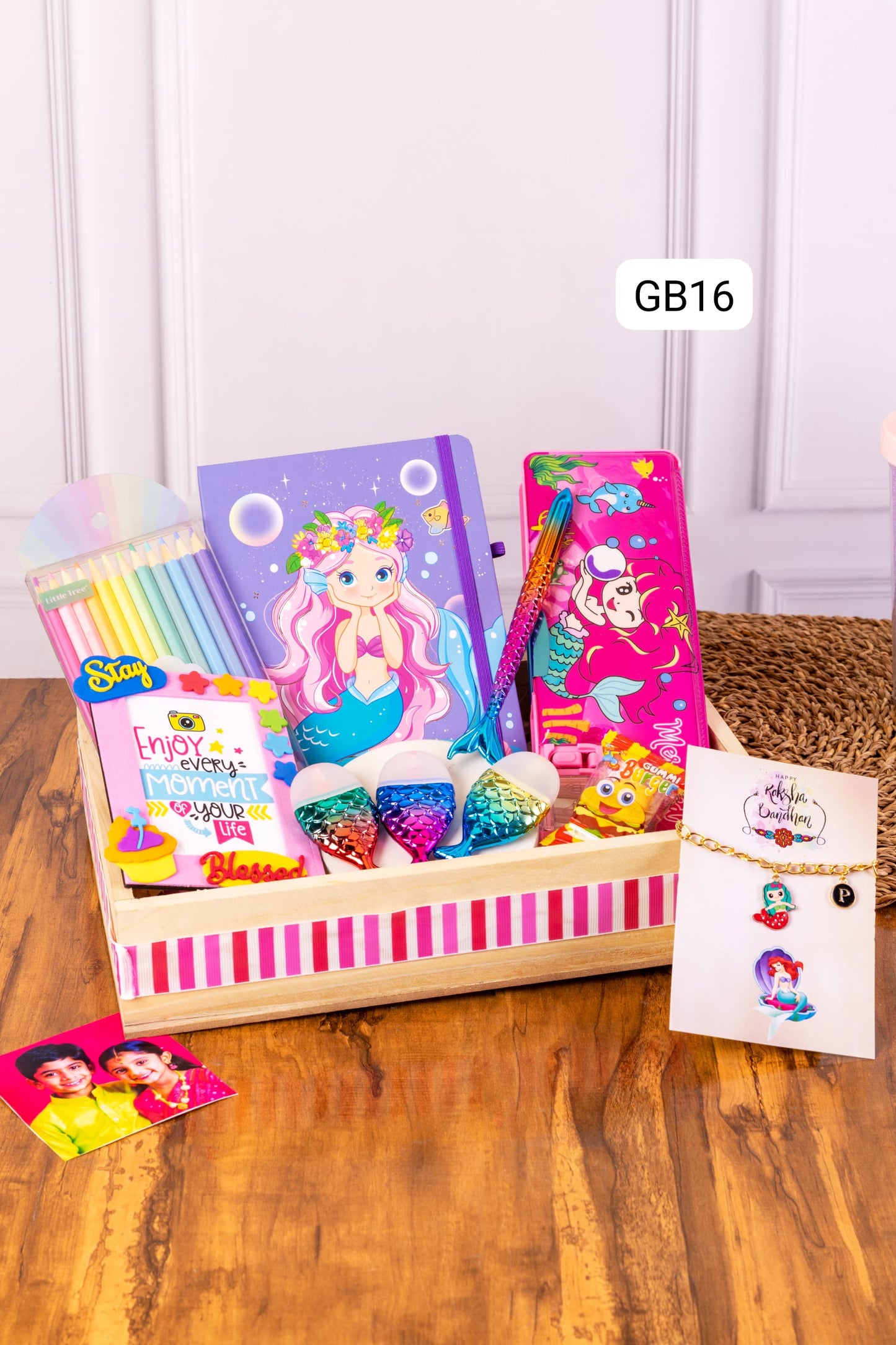 GB 13-16 Personalised Kids Theme Hampers with Diary, Stationery & Rakhi – Unicorn, Superhero, Mermaid, Space