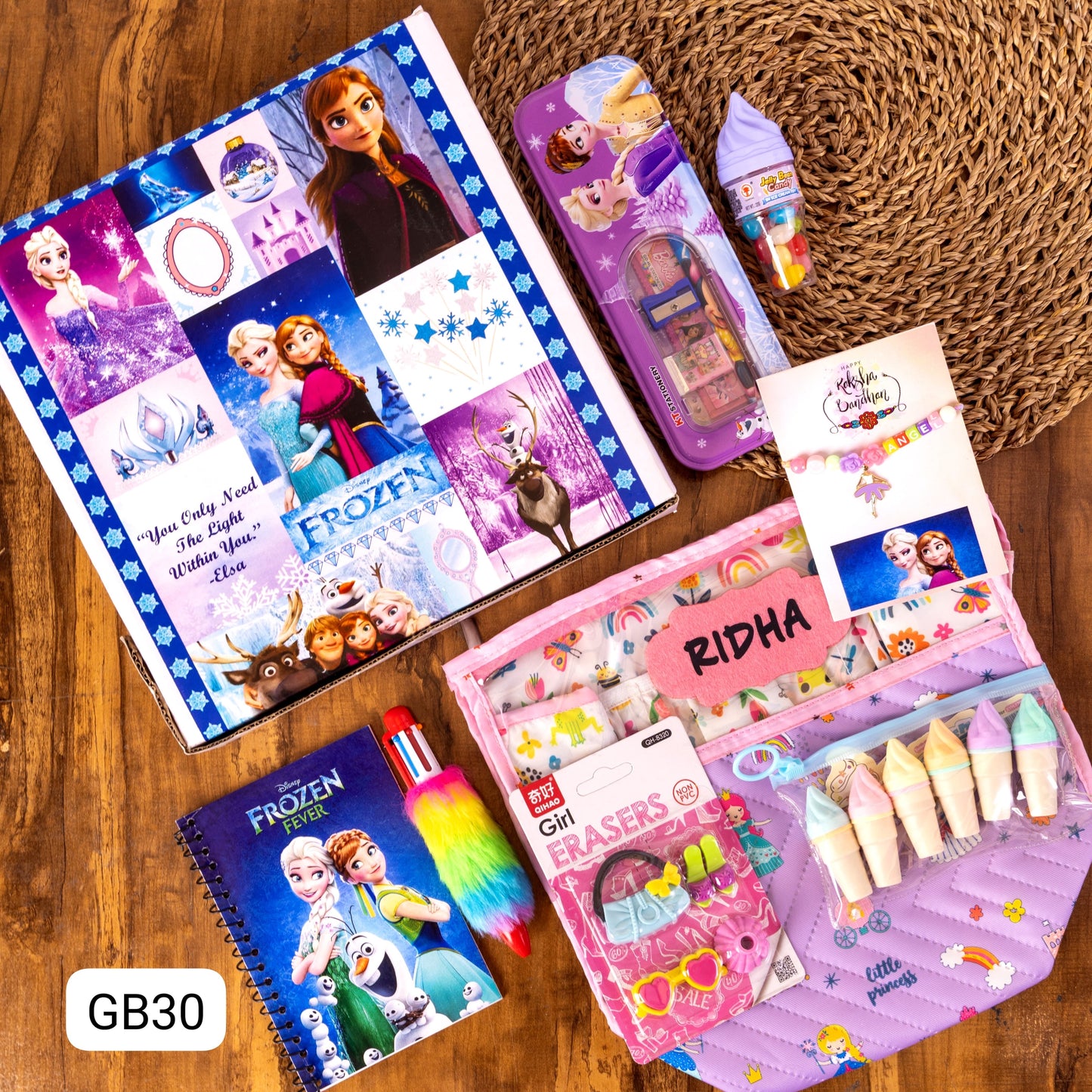 GB 28-32 Personalised Kids Rakhi Theme Box Hamper with Pouch, Diary, Rakhi & Stationery | Return Gift for Boys & Girls