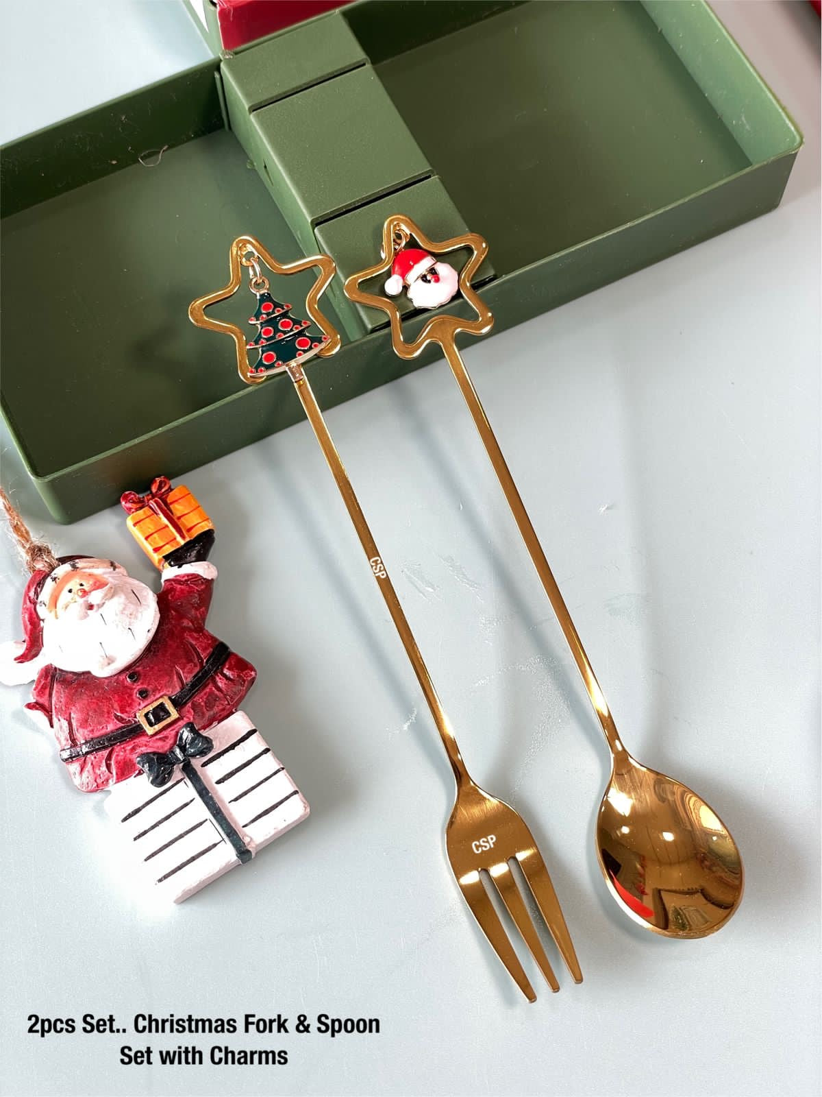 Christmas Special Stainless Steel Charms Spoon & Fork Set in Elegant Gift Box (Set of 2)