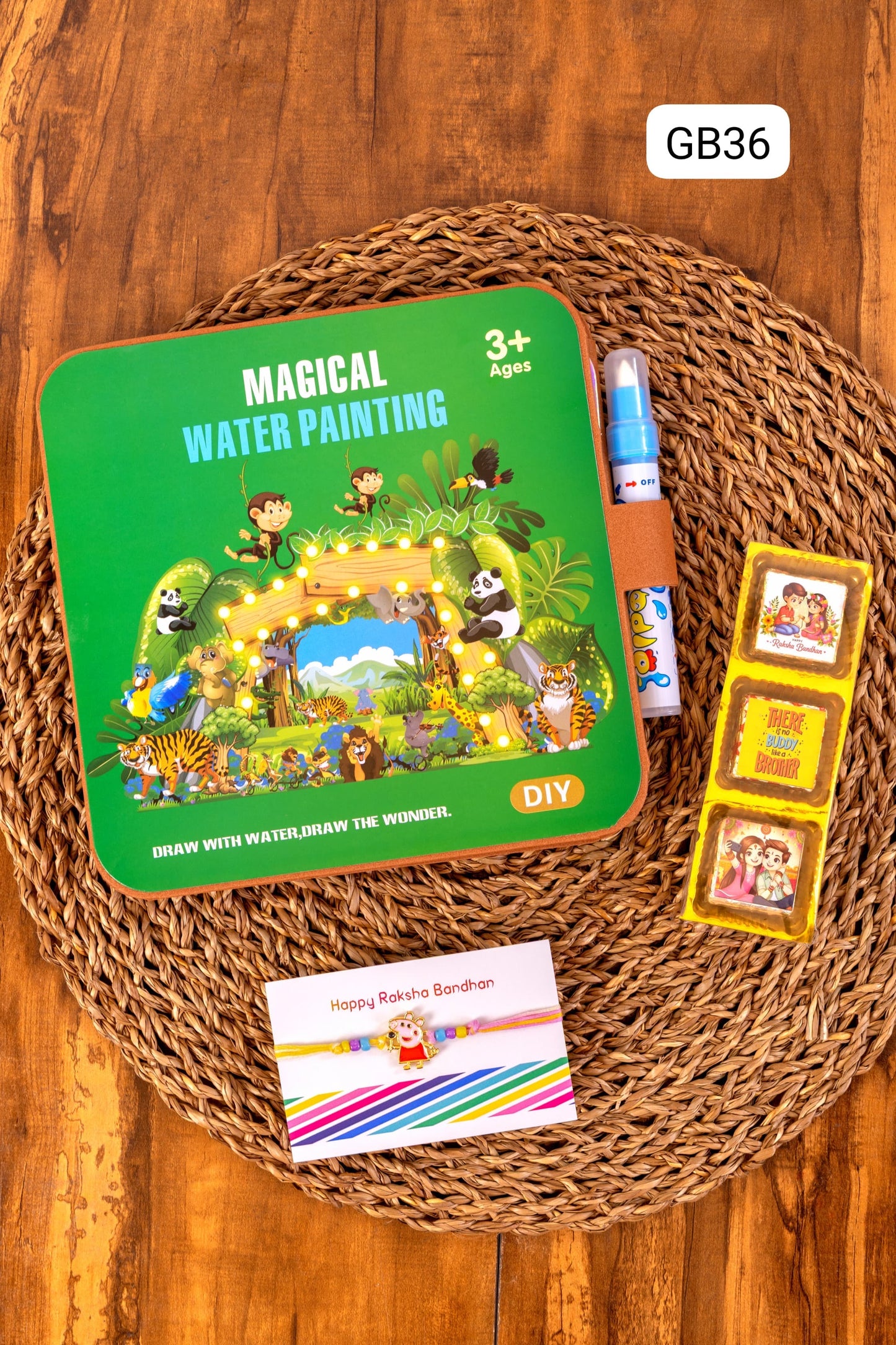 GB 33- GB 36 🎨 Raksha Bandhan Magical Water Painting Gift Set – Rakhi, Chocolates & Activity Book (Age 3+)