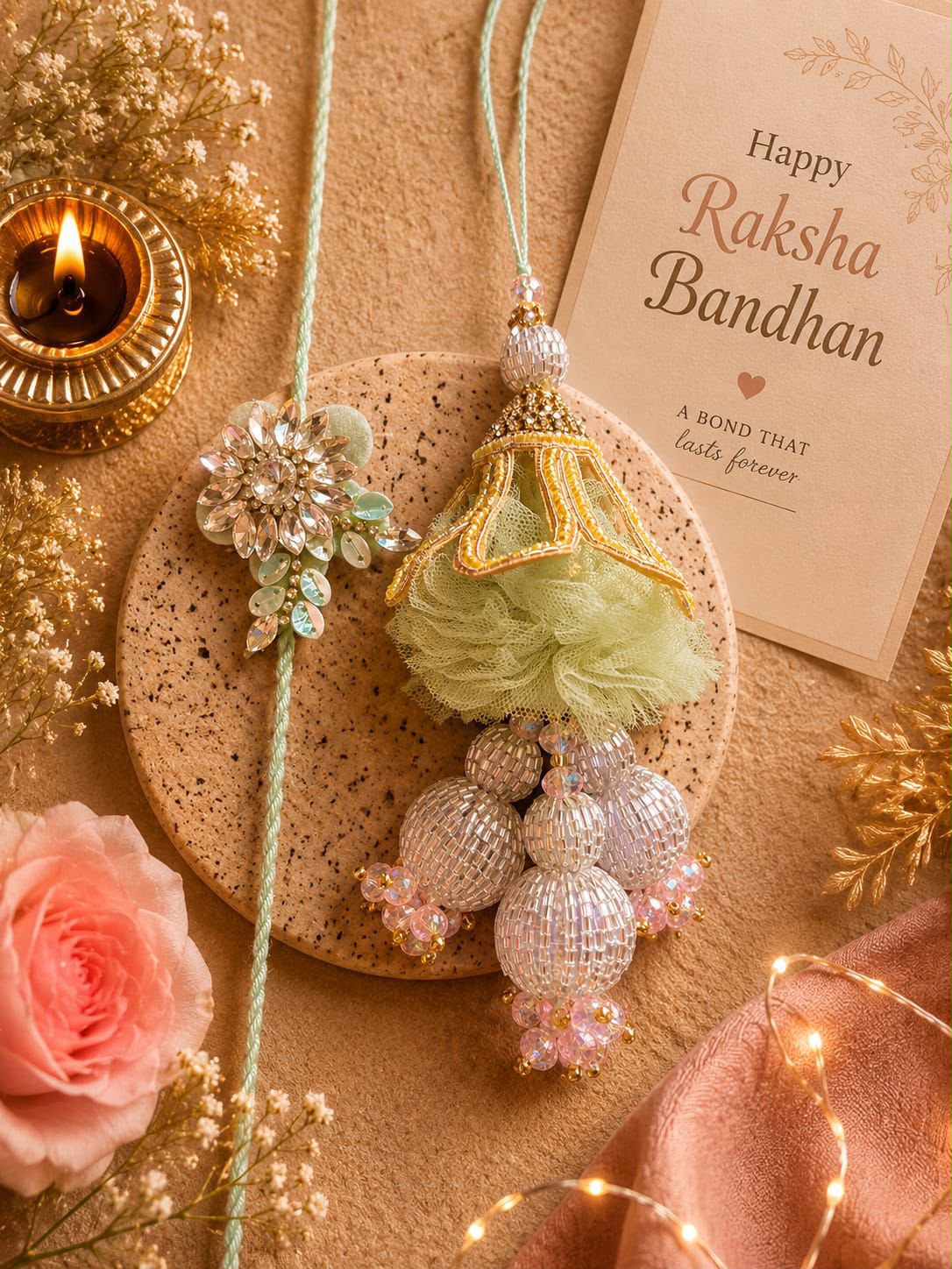 Elegant Mint Green Designer Bhai Bhabhi Lumba Rakhi Set with Floral Rakhi & Traditional Tassel Lumba