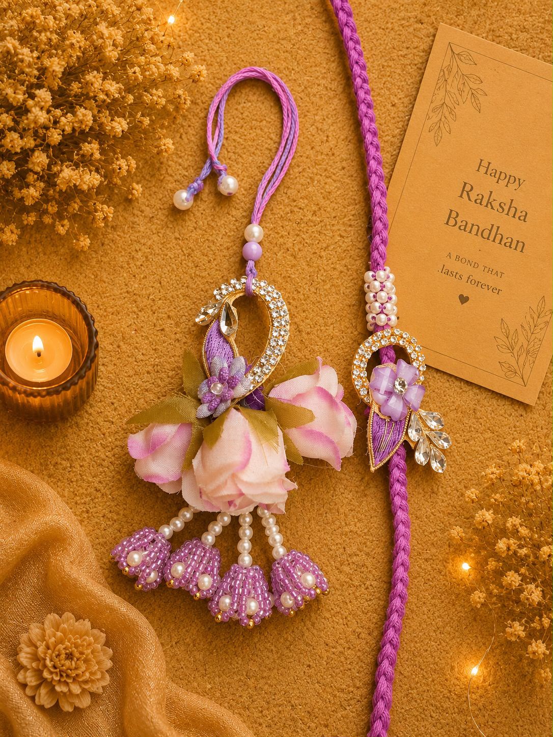Elegant purple floral Bhai Bhabhi Rakhi set featuring a handcrafted designer Lumba with pearl tassels, crystal embellishments and a matching designer Rakhi for Rakshabandhan.