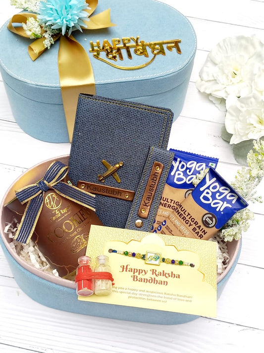 Denim Rakhi Hamper for Brother – Personalised Passport Cover, Keychain, Snacks & Morpankh Rakhi in Denim Box