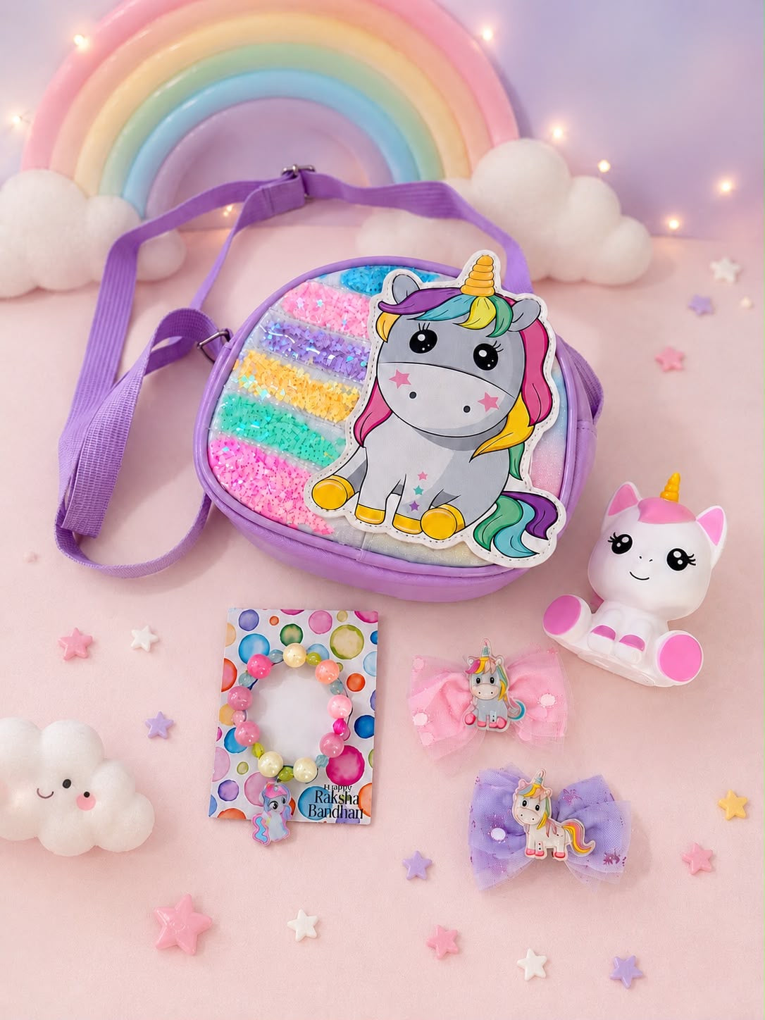 SKH- 01 Unicorn Rakhi Gift Hamper for Girls | Unicorn Sling Bag, Rakhi Bracelet, LED Lamp & Hair Accessories | Kids Rakhi Gift Combo 2026