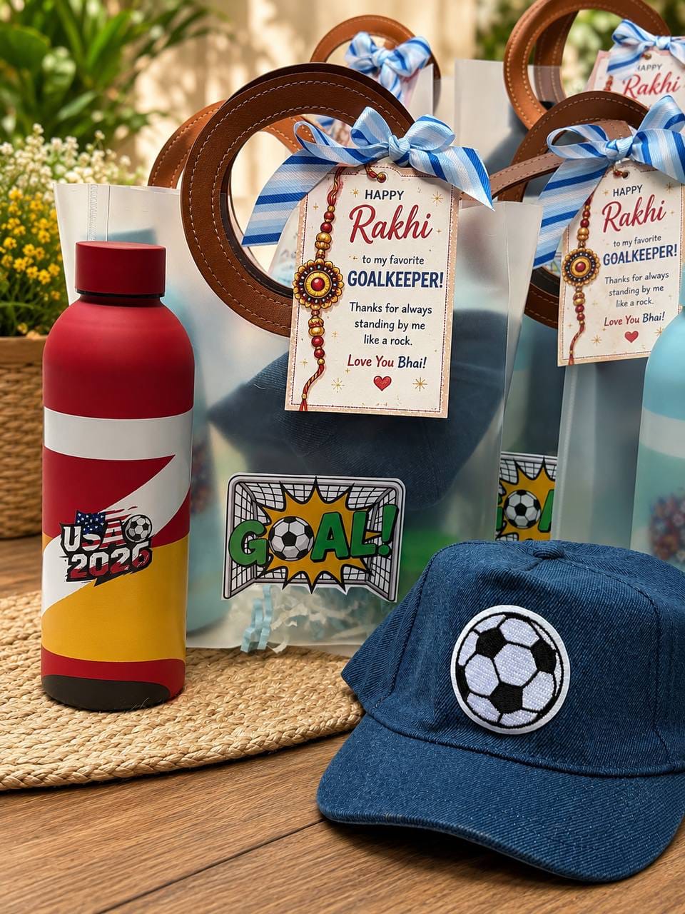 Football Rakhi Gift Hamper | Insulated Bottle, Football Cap & Gift Bag | Sports Gift Combo for Kids & Football Lovers