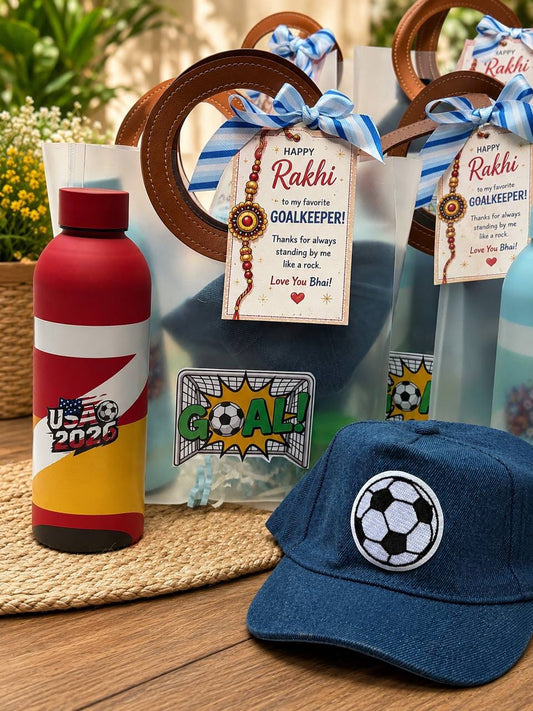 Football Rakhi Gift Hamper | Insulated Bottle, Football Cap & Gift Bag | Sports Gift Combo for Kids & Football Lovers