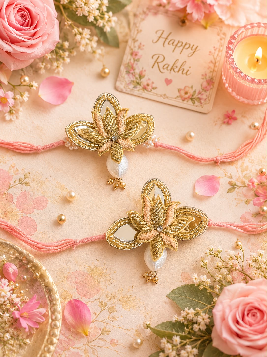 Two decorative Rakhi threads with gold butterfly-shaped ornaments and white pearl drops, arranged on a pink floral surface with roses, flowers, a lit candle, and a card that reads Happy Rakhi.