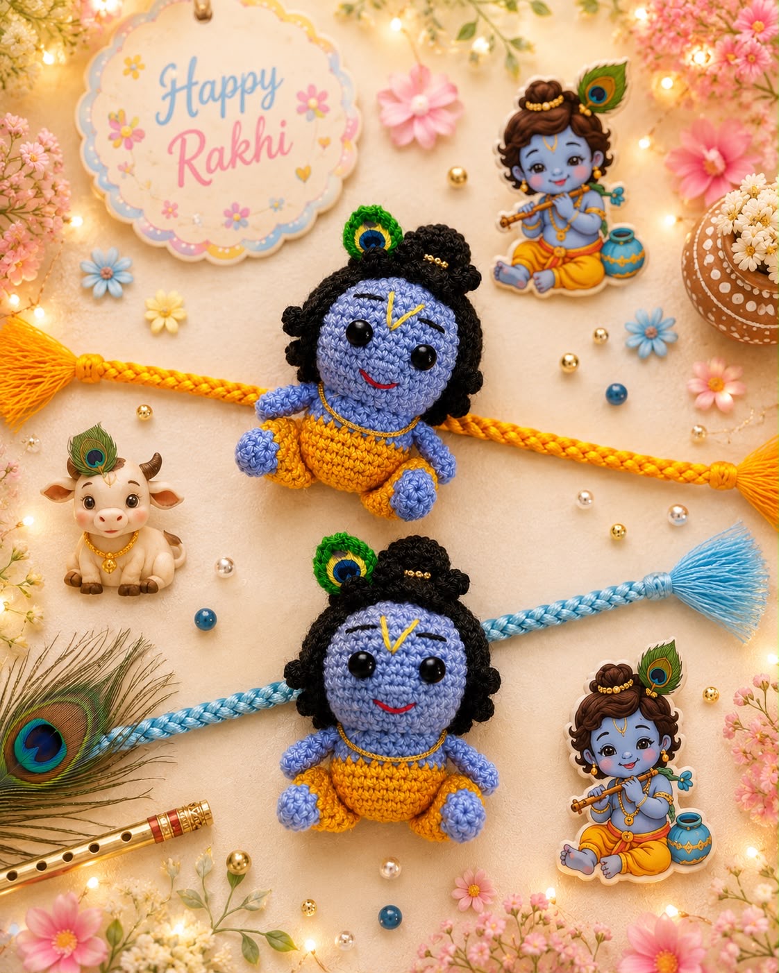 Two crocheted Krishna rakhi wristbands are displayed on a decorated festive background. One rakhi features a yellow braided strap with a blue tassel, and the other features a blue braided strap with a yellow tassel.