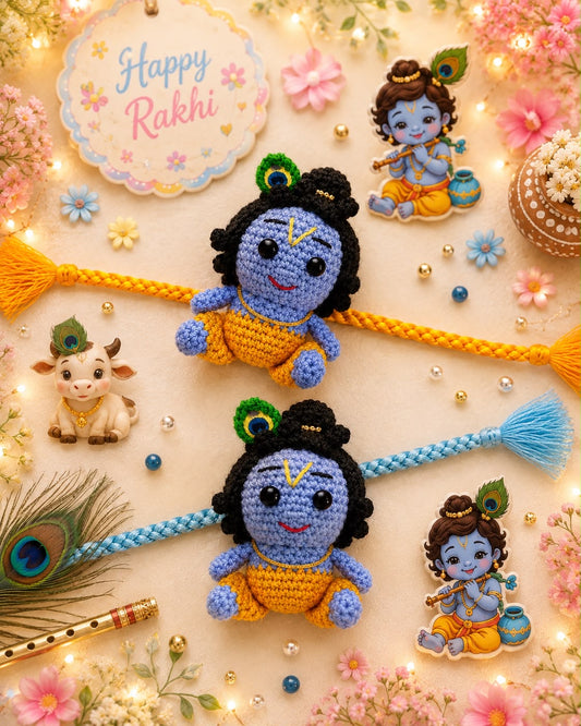 Two crocheted Krishna rakhi wristbands are displayed on a decorated festive background. One rakhi features a yellow braided strap with a blue tassel, and the other features a blue braided strap with a yellow tassel.
