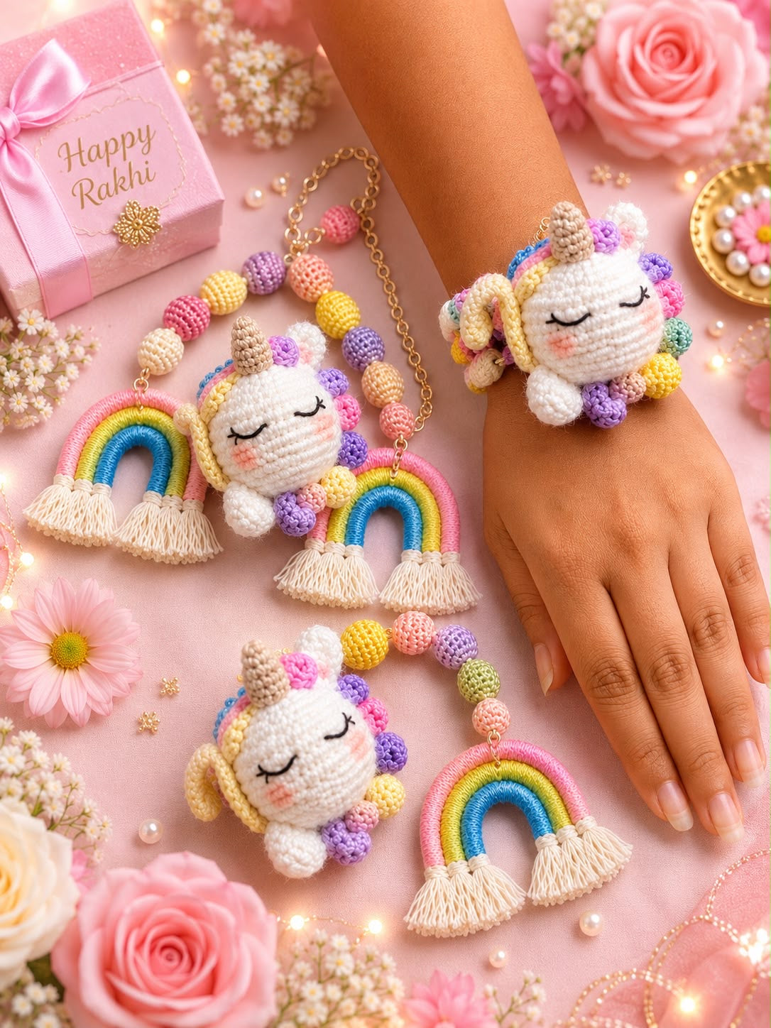 Hand Crochet Unicorn Bracelet Rakhi & Rainbow Lumbi for Girls | Reusable Kids Rakhi | Handmade Unicorn Rakhi
