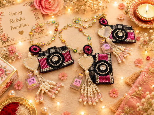 Hand Embroidered Camera Bracelet Lumba Rakhi | Reusable Photo Lover Rakhi for Girls & Bhabhis | Designer Rakhi 2026