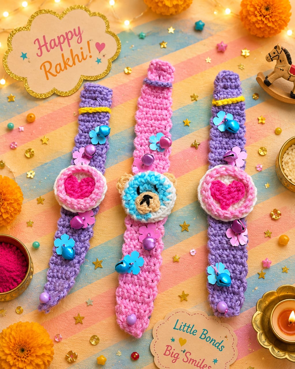 Handmade Crochet Watch Rakhi for Kids | Soft & Comfortable Bracelet Rakhi with Colourful Bells | Baby Rakhi 2026