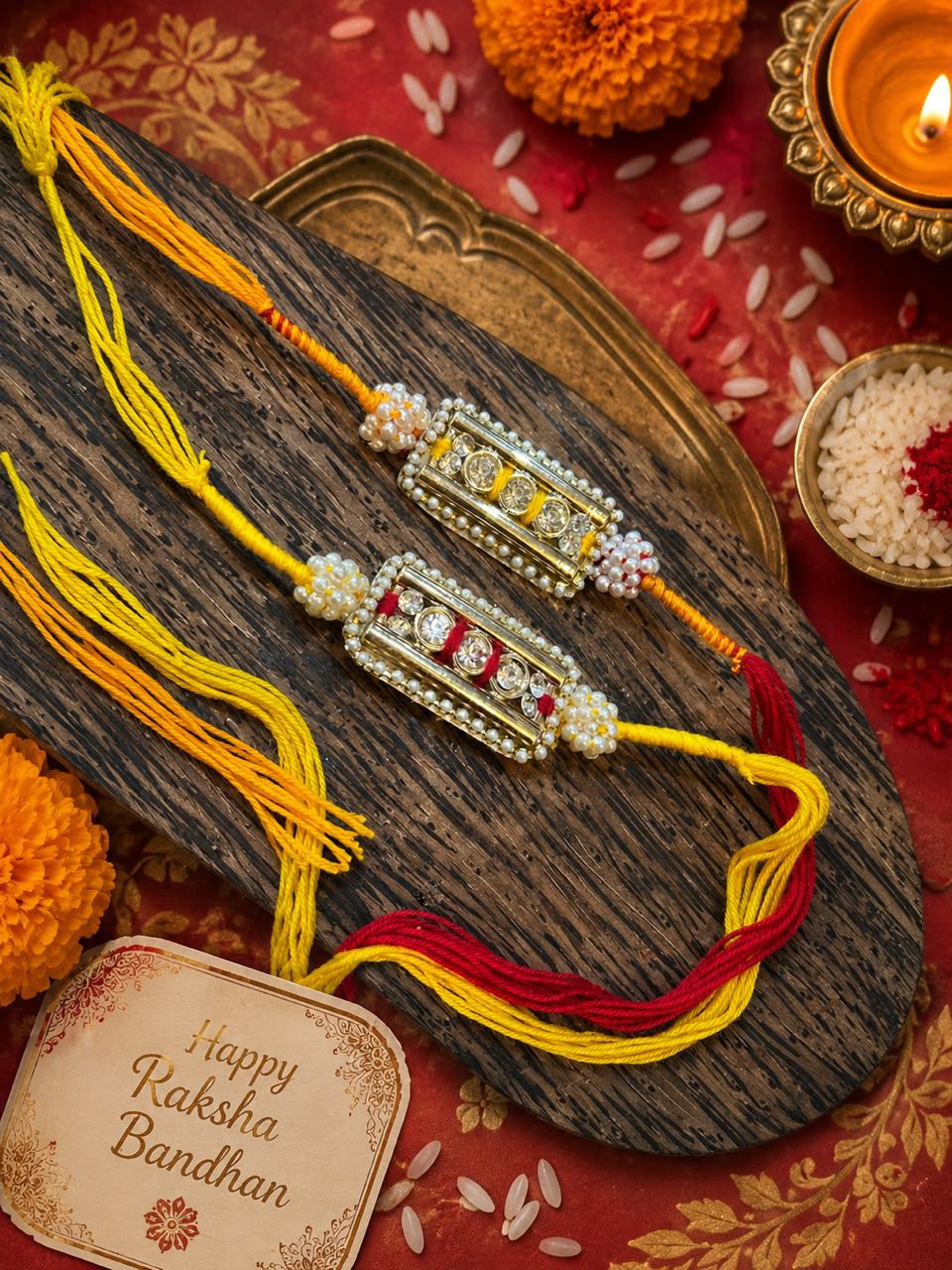 Two decorative Rakhi thread belts with ornate silver-toned rectangular charms, yellow and red cords, and white bead details, arranged on a dark wooden board with festive red fabric, marigold flowers, a lit candle, and a small 'Happy Raksha Bandhan' card.