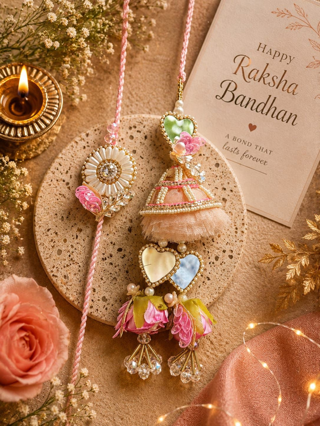 Heart Mirror Lumba Rakhi Set for Bhai Bhabhi | Handcrafted Designer Bhaiya Bhabhi Rakhi Set | Floral Mirror Rakhi