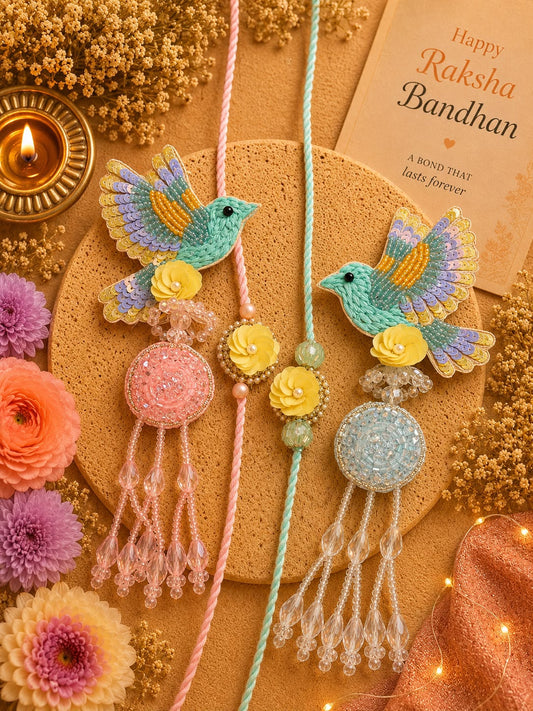 Two handmade Rakhi braided cords with decorative bird and flower motifs, displayed on a cork coaster with flowers, a lit diya, and a Rakhi Bandhan card around them.