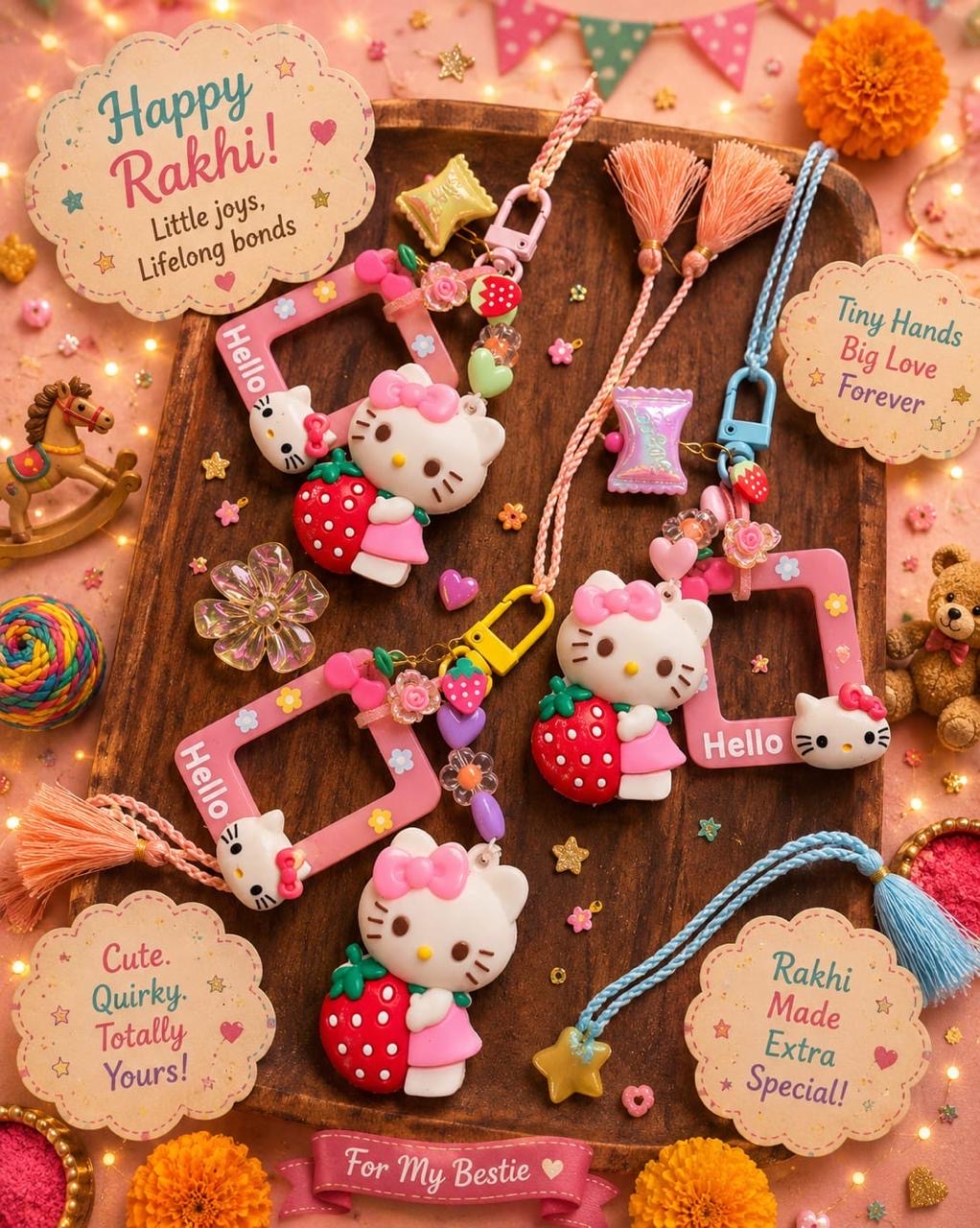 Kitty Theme Bag Charm Lumba for Girls | Reusable Keychain Lumba | Cute Kids Rakhi 2026