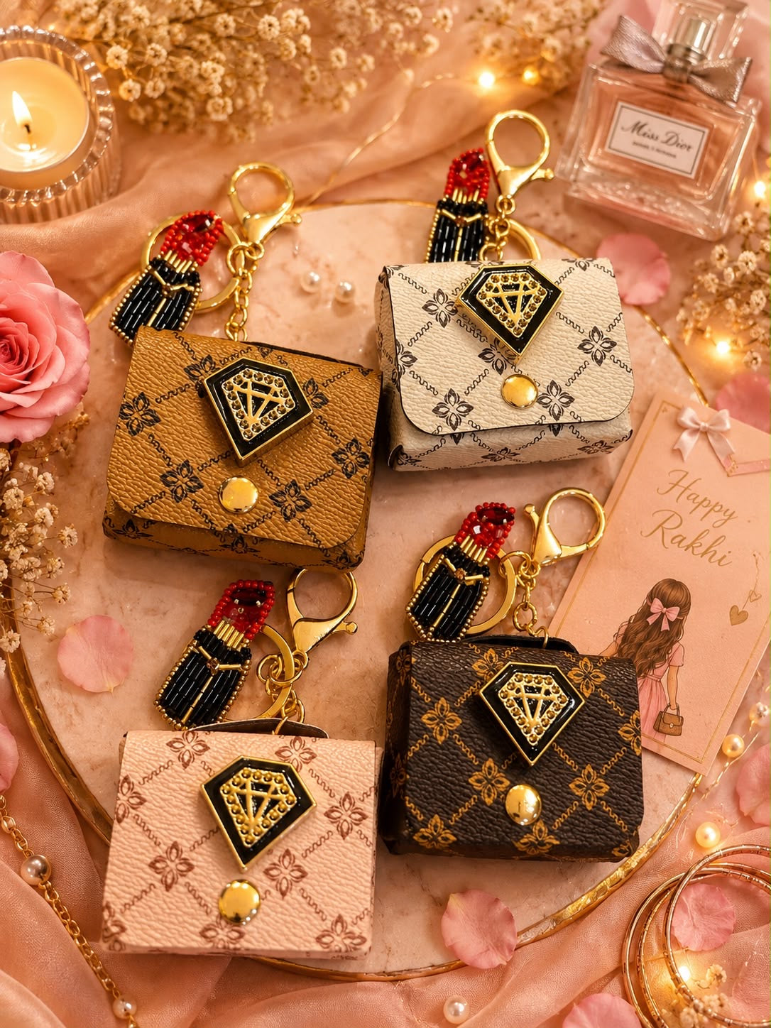 Four mini designer-style keychains or coin purse charms arranged on a pink tray with decorative flowers, candles, and warm lights. The purses have monogram-like patterns in tan, cream, and dark brown, each with a black diamond-shaped front plaque, gold hardware, and a red-and-black tassel charm.