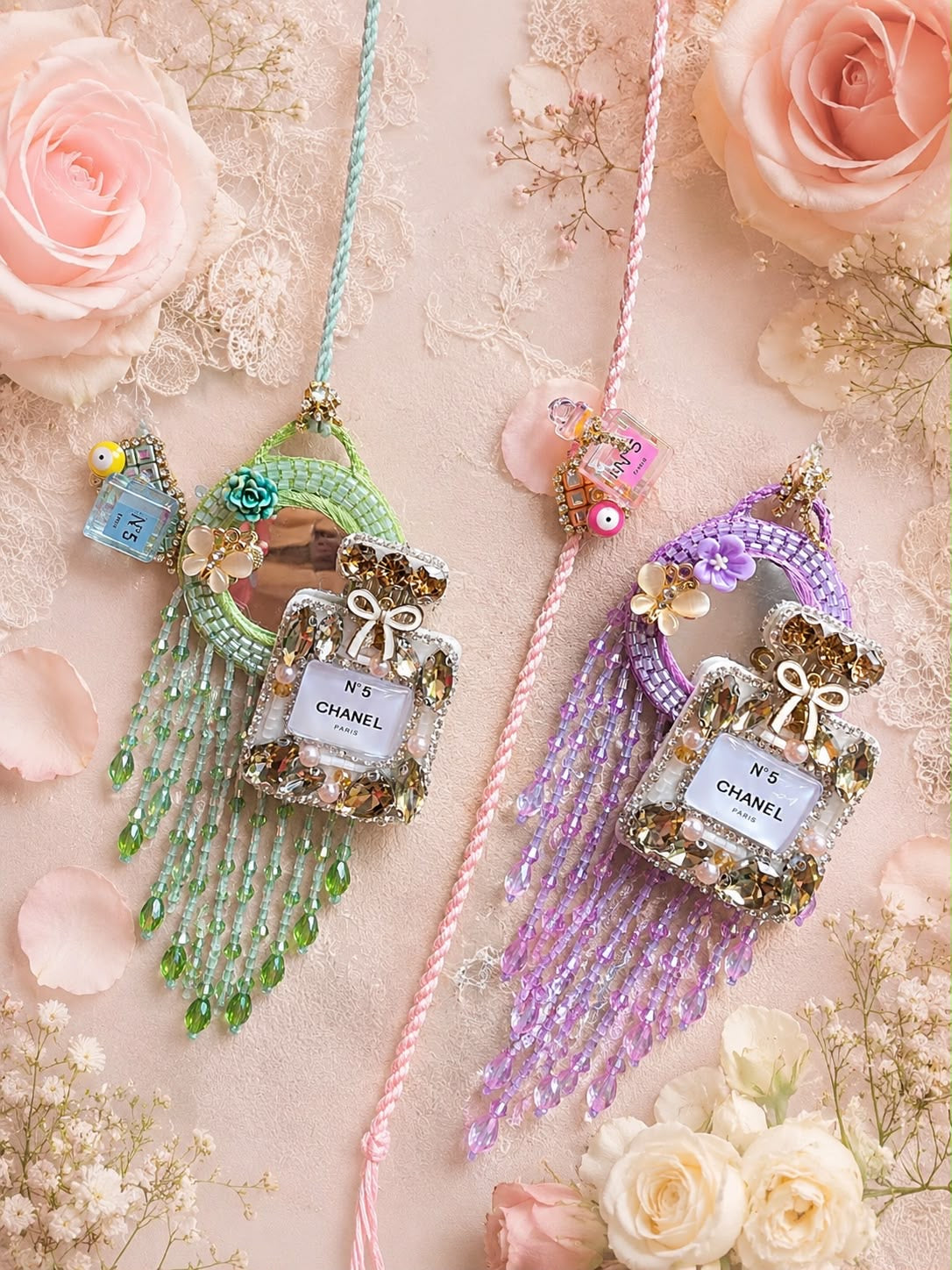 Luxury Perfume Inspired Rakhi Lumba Set for Bhai Bhabhi | Premium Pastel Designer Rakhi with Mirror & Crystal Tassels
