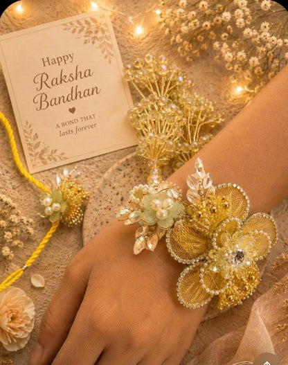 Luxury Reusable Bracelet Rakhi Set for Bhai Bhabhi | Premium Designer Bracelet Lumba with Crystal Floral Detailing