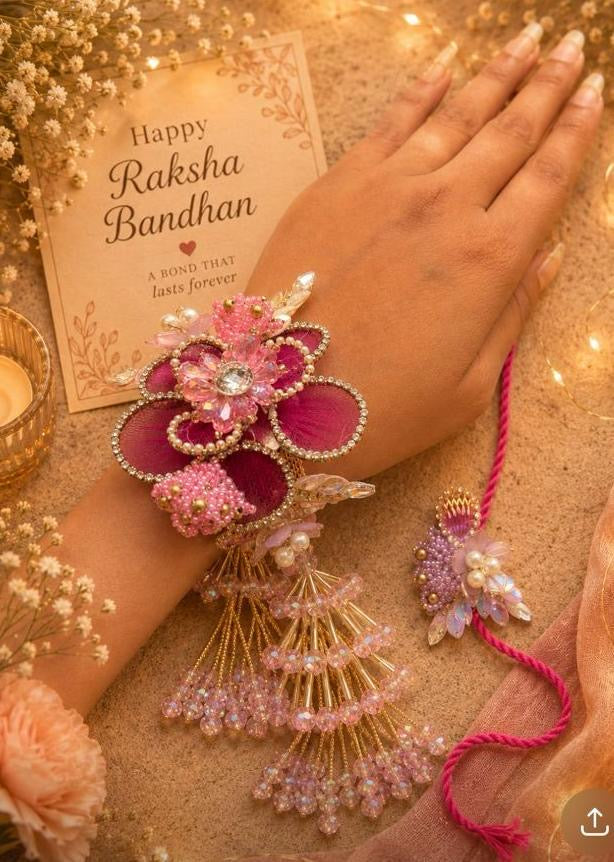 Luxury Reusable Bracelet Rakhi Set for Bhai Bhabhi | Premium Designer Bracelet Lumba with Crystal Floral Detailing Pink