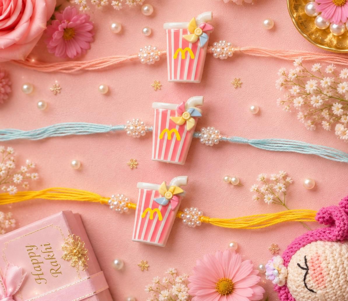 Three handmade Rakhi strands decorated with pink and white striped popcorn bucket charms, arranged on a pink background with flowers, pearls, and a pink gift box.
